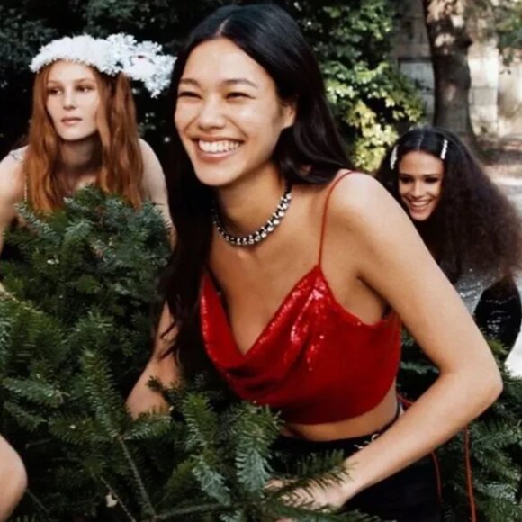 Zara Red Sequin Crop Top - Picture 1 of 2